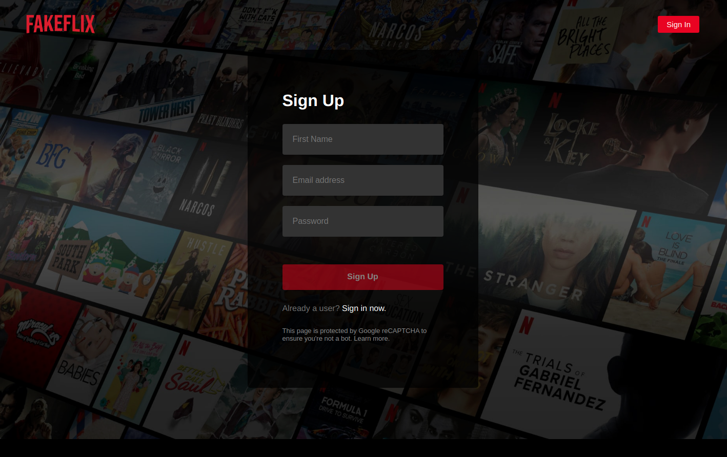 Fakeflix signup page
